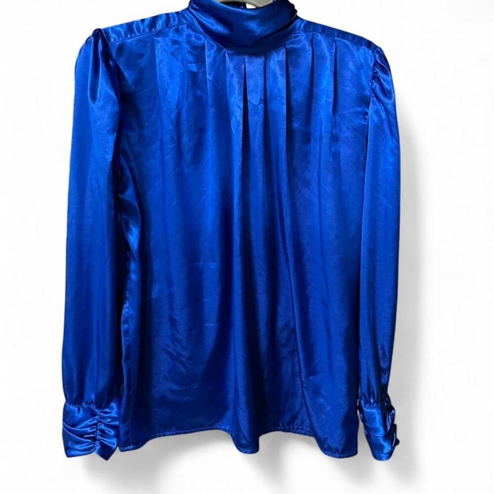 Small royal blue vintage satin blouse with pleated front, ruched cuffs mock neck